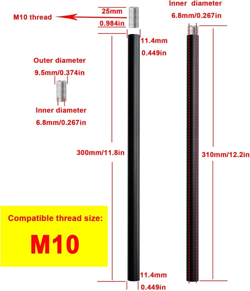 Haligate Matte Black M10 Threaded Extension Rod for Pendant Light, Island Lighting, Chandeliers,Lighting Fixture downrods & Stems,12 Inches - Image 2